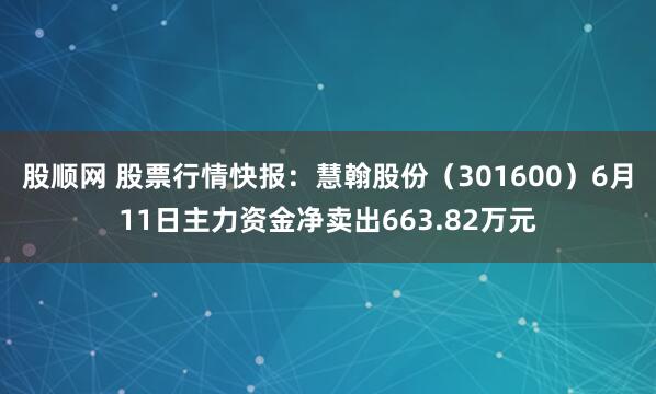 股顺网 股票行情快报：慧翰股份（301600）6月11日主力资金净卖出663.82万元